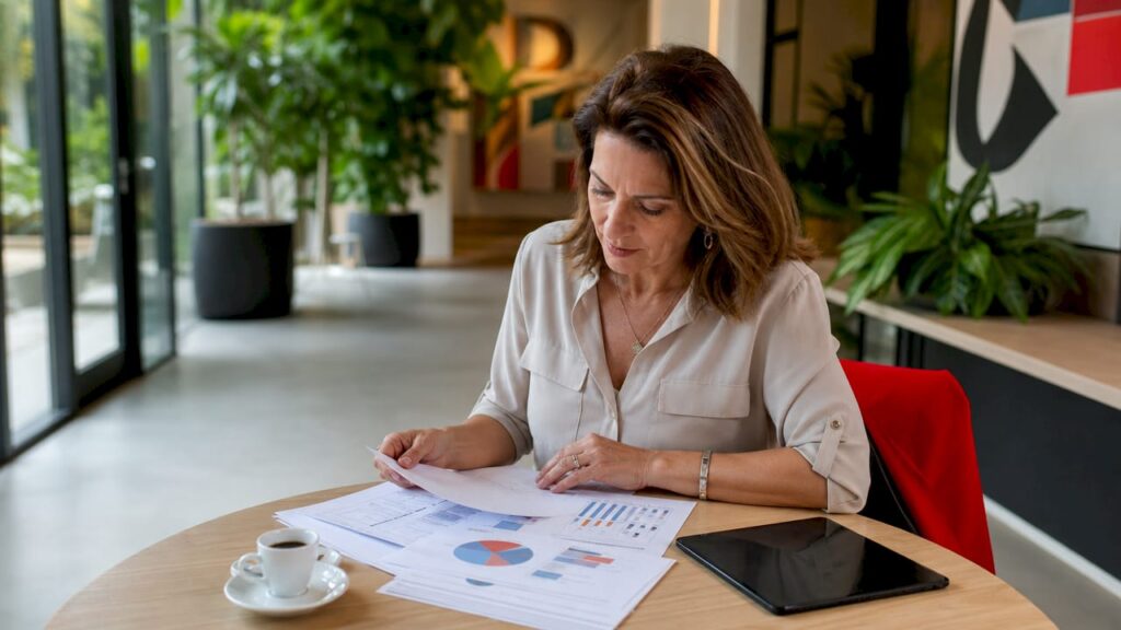 Mulher analisando gráficos de gestão de documentos no escritório