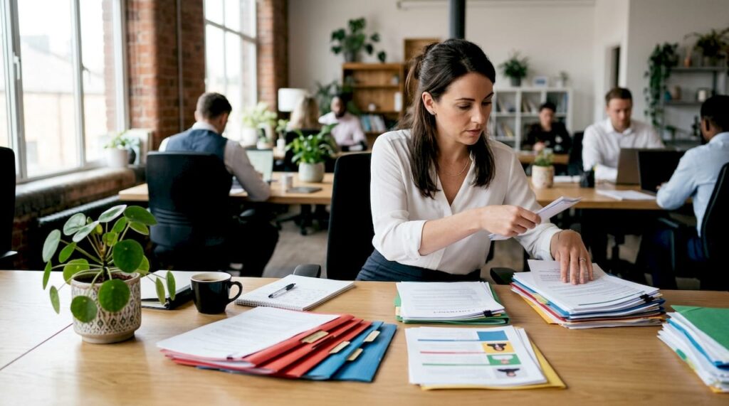 Mulher organizando a papelada dos funcionários na mesa do escritório.