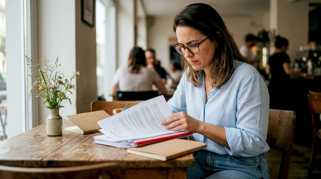 Especialista de RH analisando papéis e documentos físicos