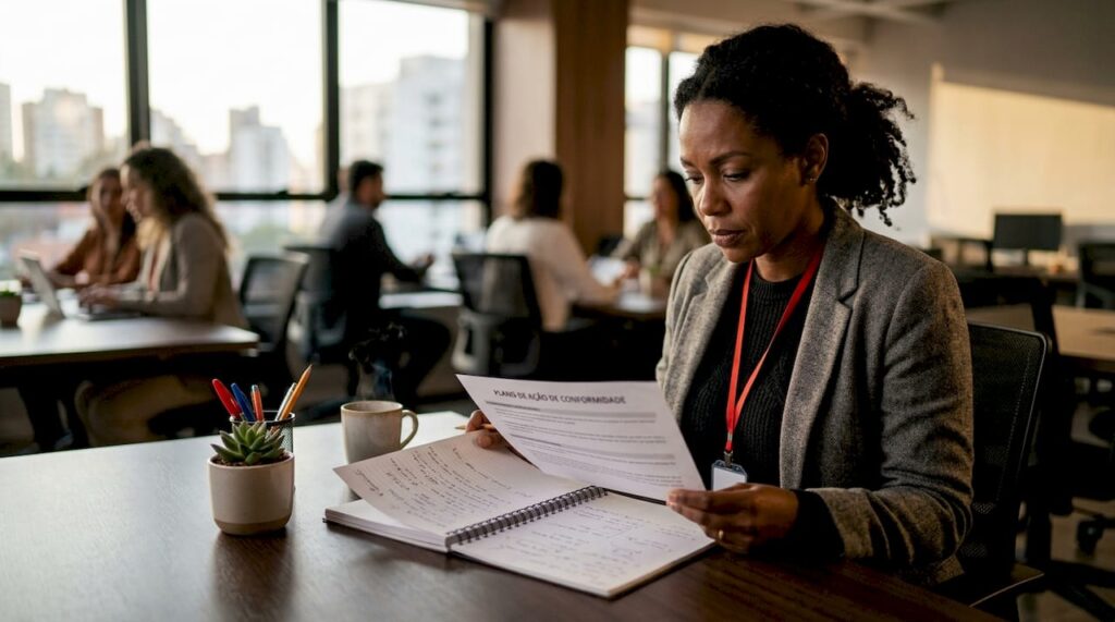 Coordenadora de Recursos Humanos analisando estratégias e metas durante uma reunião na empresa.