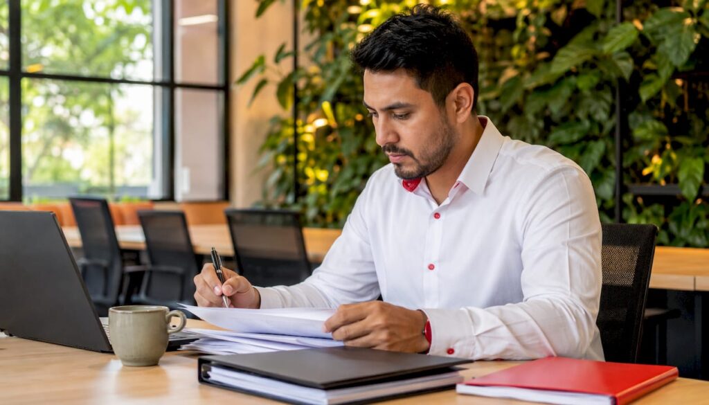 Profissional avaliando documentos de compliance no ambiente corporativo