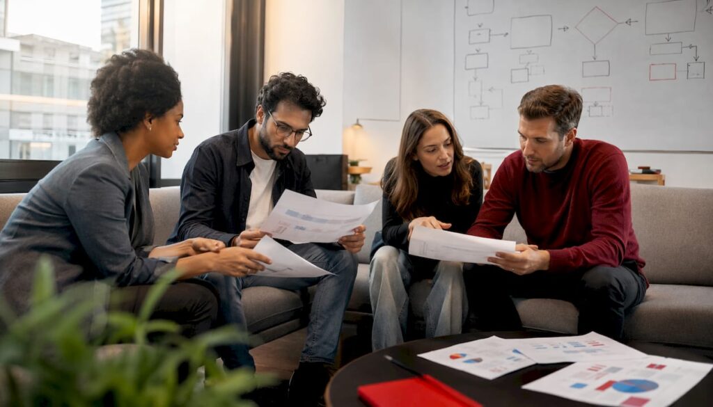 Time corporativo analisando documentos para aprovação