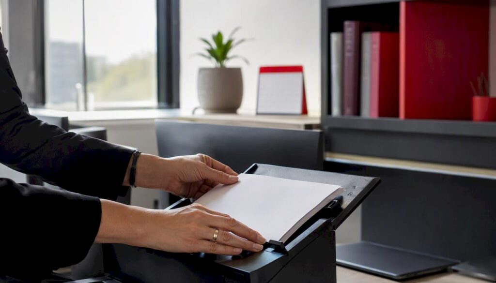 Mãos folheando pastas de funcionários sobre a mesa do escritório