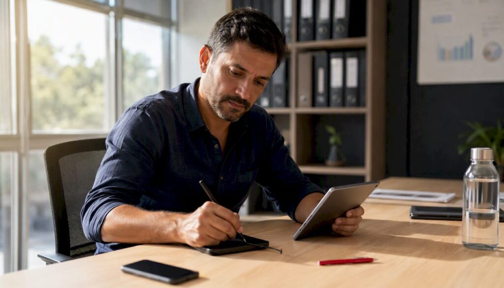 Pessoa assinando digitalmente em um equipamento biométrico