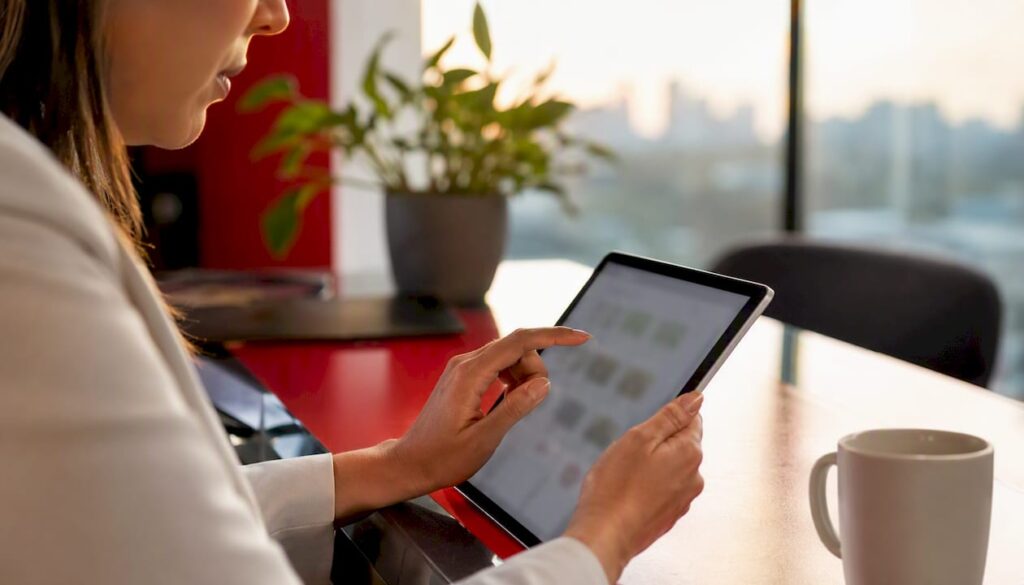 Mãos organizando arquivos digitais de RH em um tablet