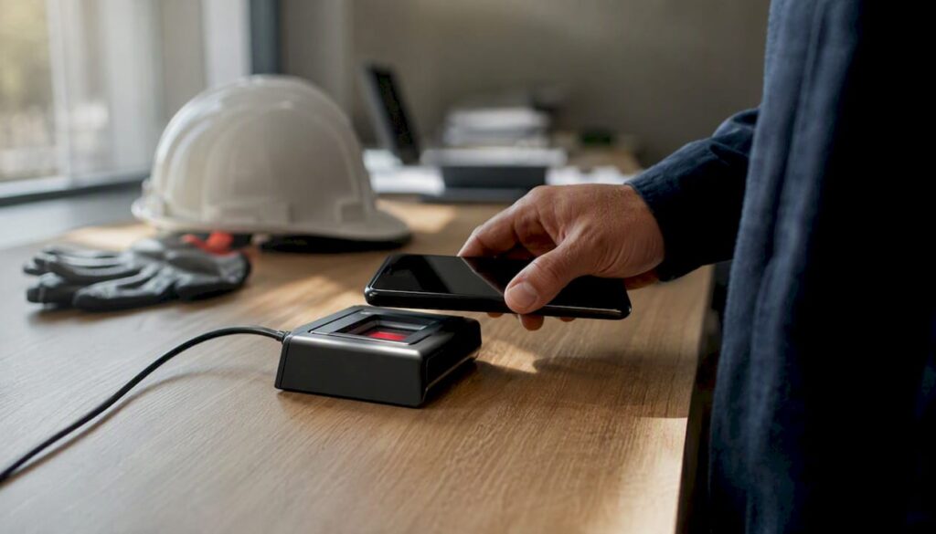 Mão segurando um celular próxima ao leitor biométrico