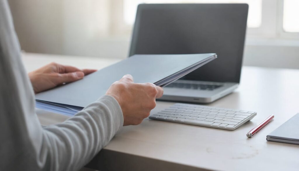 Mãos organizando pastas de documentos digitais no ambiente de trabalho