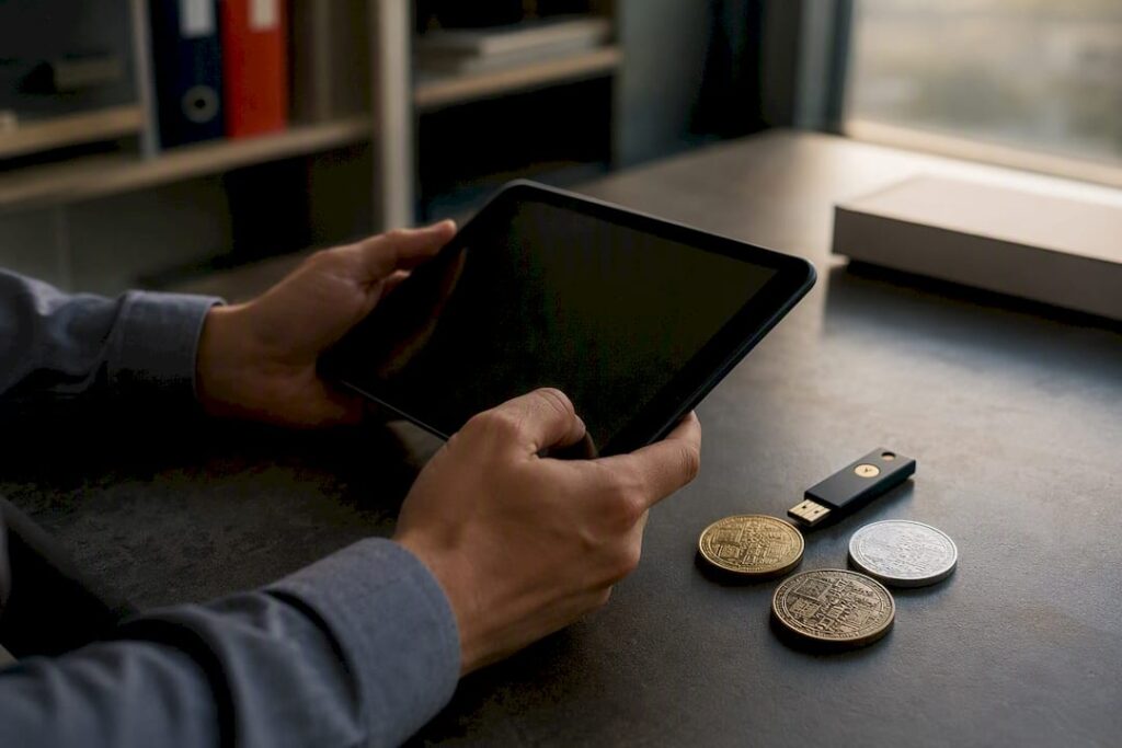Mãos segurando tablet com tokens de segurança ao redor