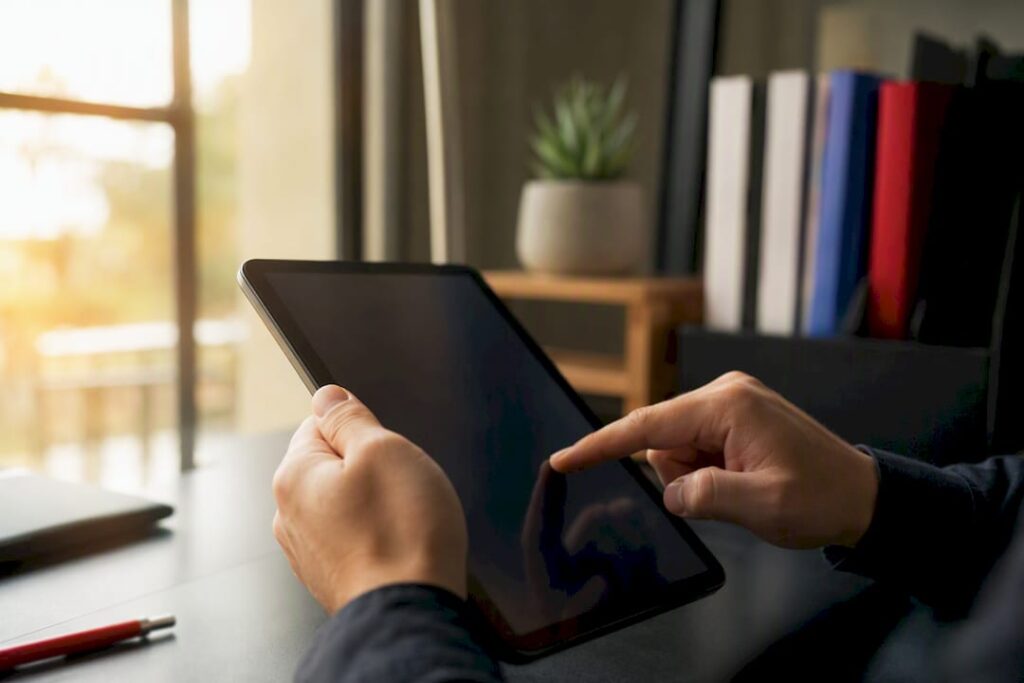Mão autenticando assinatura digital no smartphone