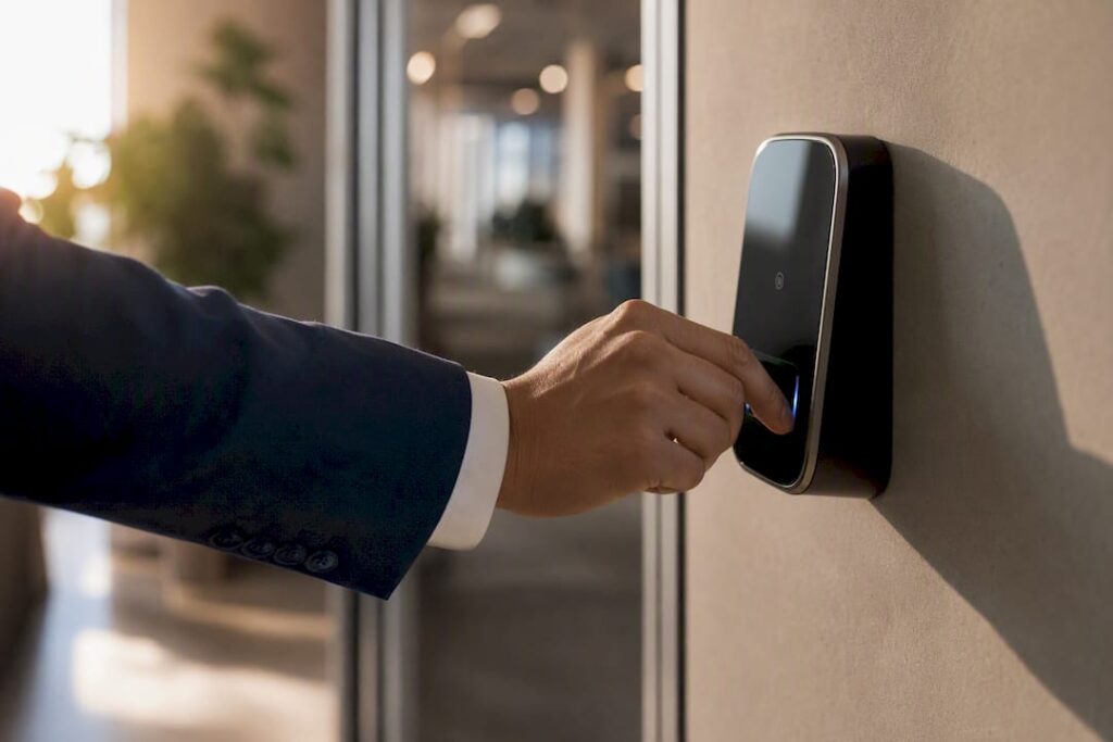 Mão usando leitor biométrico de acesso no corredor do escritório